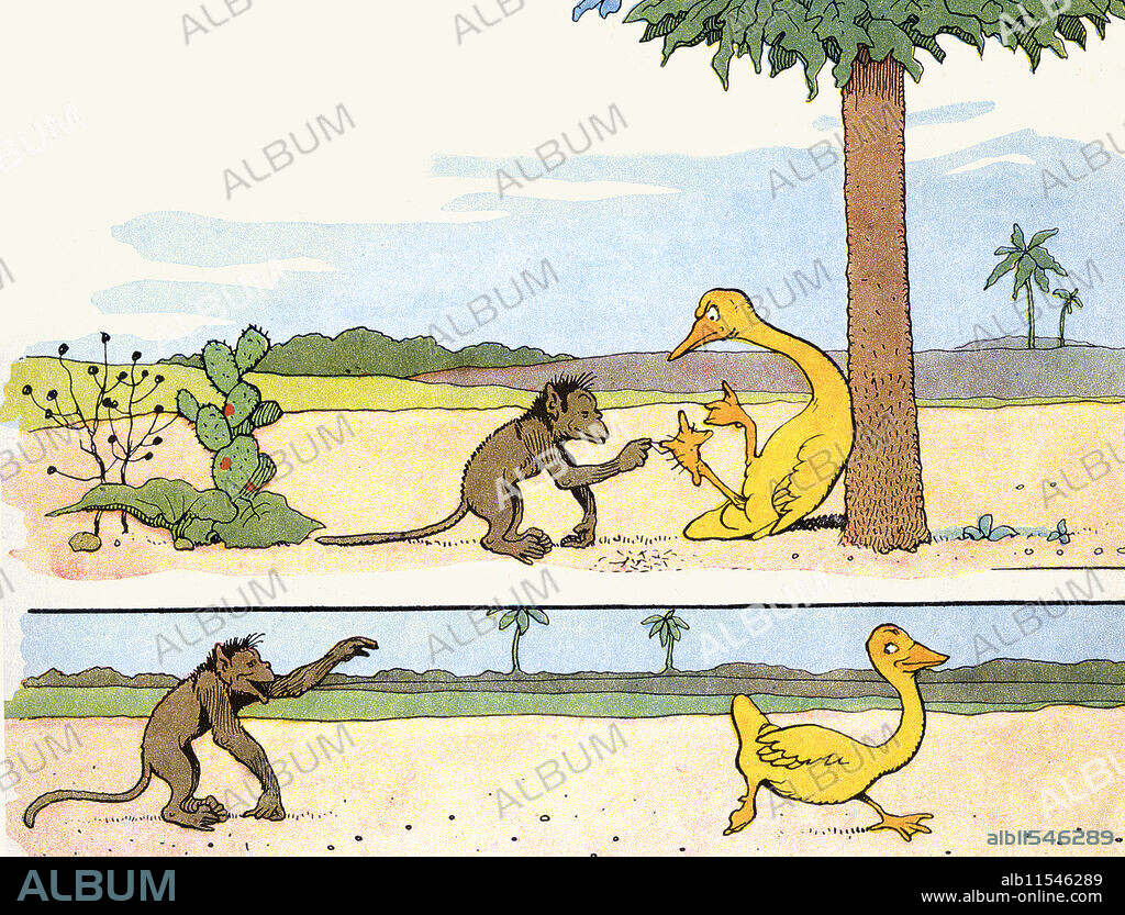 Gedeon lands on a cacti and a friendly monkey helps pull the barbs from his flippers.  Illustration from  "Gedeon en Afrique" by Benjamin Rabier.  Benjamin Rabier (1864 in La Roche-sur-Yon, Vendée – 1939 in Faverolles, Indre) was a French illustrator, comic book artist and animator. He became famous for creating La vache qui rit and is one of the precursors of animal comics.