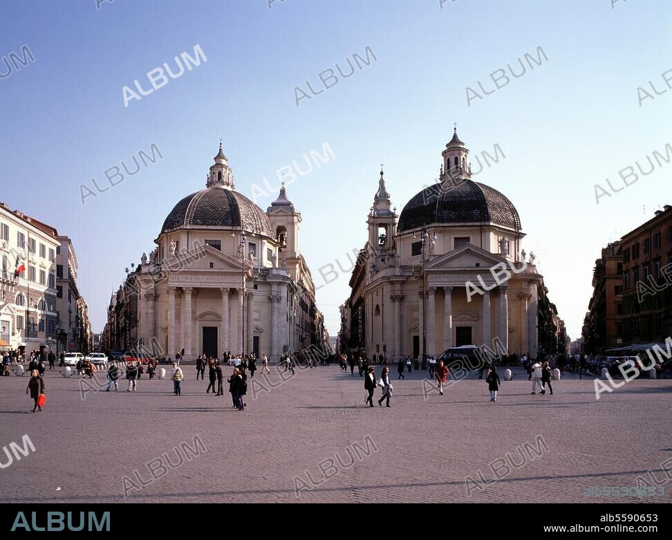 Rom, Piazza del Popolo / Sta. Maria in Montsano und Sta. Maria dei Miracoli. © Jochen Helle Filmsize: 6 × 7 cm.