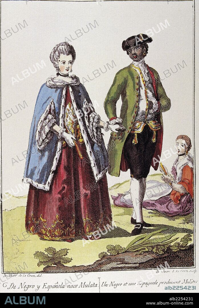 REPRESENTACION DE MESTIZAJE ETNICO. MULATA : UNION DE NEGRO Y ESPAÑOLA. DIBUJO DE MANUEL DE LA CRUZ Y GRABADO DE JUAN DE LA CRUZ.