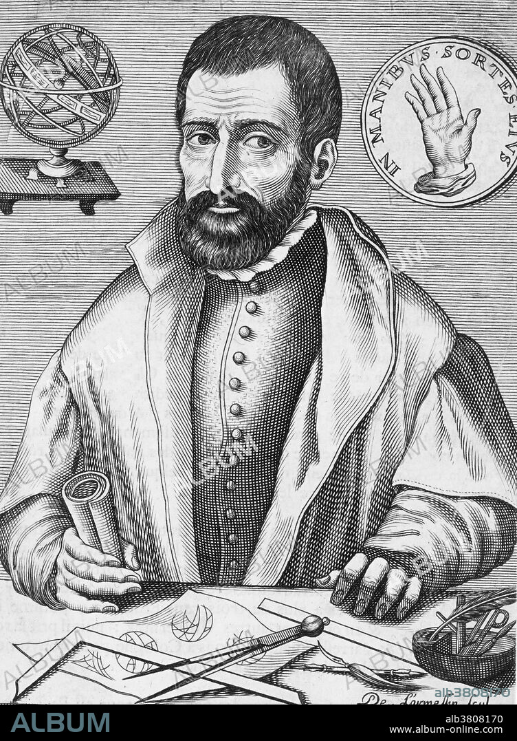Jean Taisnier (1508-1562), Belgian mathematician. Taisnier published on a wide range of topics, including the physics of falling bodies, magnetism, perpetual motion, astronomy, and mathematics. Here he is shown with geometry tools on the table and an armillary sphere at upper left.