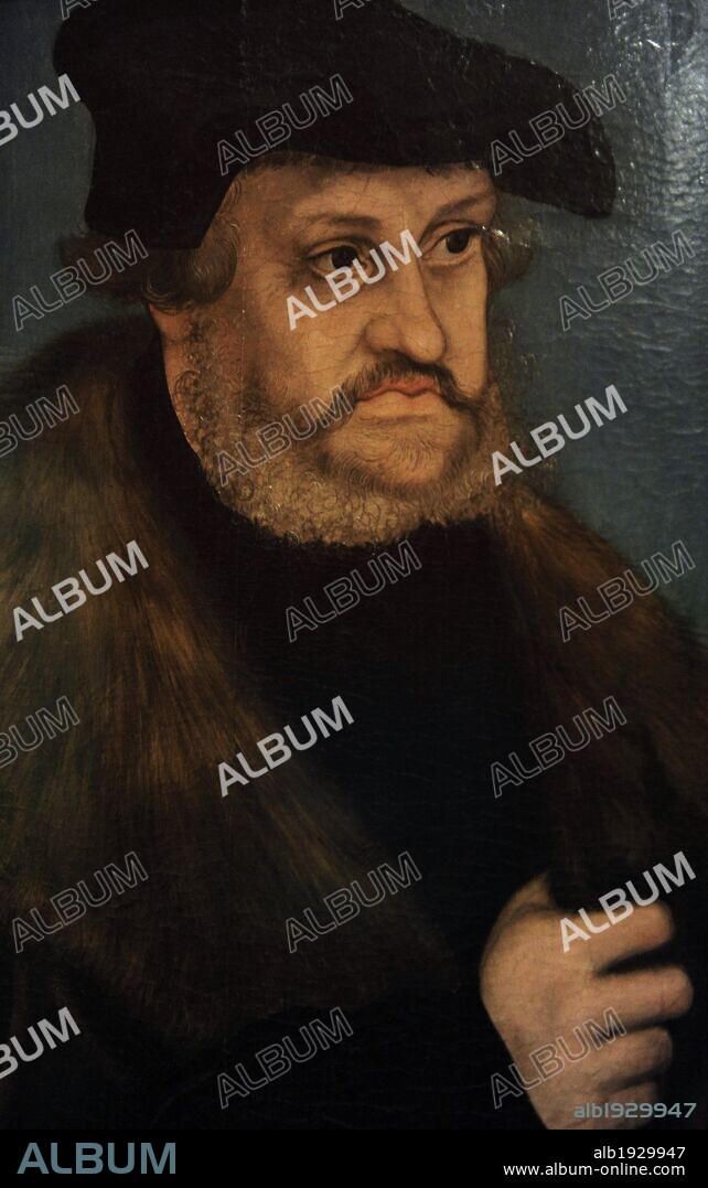 LUCAS CRANACH EL VIEJO. FEDERICO III DE SAJONIA o FEDERICO EL SABIO (Friedrich der Weise) (1463-1525). Príncipe elector de Sajonia, conocido actualmente por ser uno de los mecenas de Durero y por fundar la Universidad de Wittenberg. Acumuló las siguientes dignidades: Príncipe Elector de Sajonia (1486-1525). Duque de Sajonia-Wittenberg (1486-1525), como Federico VI. Landgrave de Turingia (1486-1525), como Federico VII. Gran Maestre de la Orden Teutónica. Retrato realizado por el artista alemán LUCAS CRANACH "El Viejo" (1472-1553). Wittenberb, 1525-1527. Museo Histórico Alemán (Deutsches Historisches Museum). Berlín. Alemania. Europa.