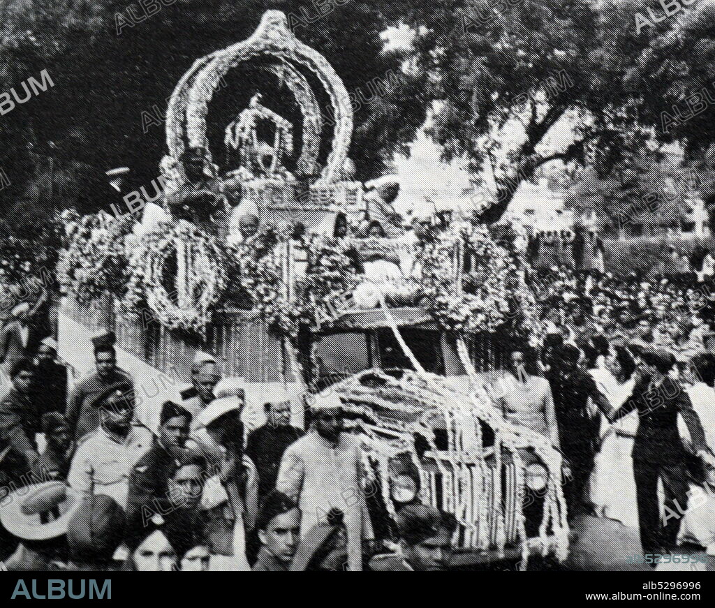 Black and white photograph of the funeral of Mahatma Mohandas K. Gandhi (1869-1948) who was assassinated on 30 January 1948. His ashes were interred in Allahabad on 12 February 1948.