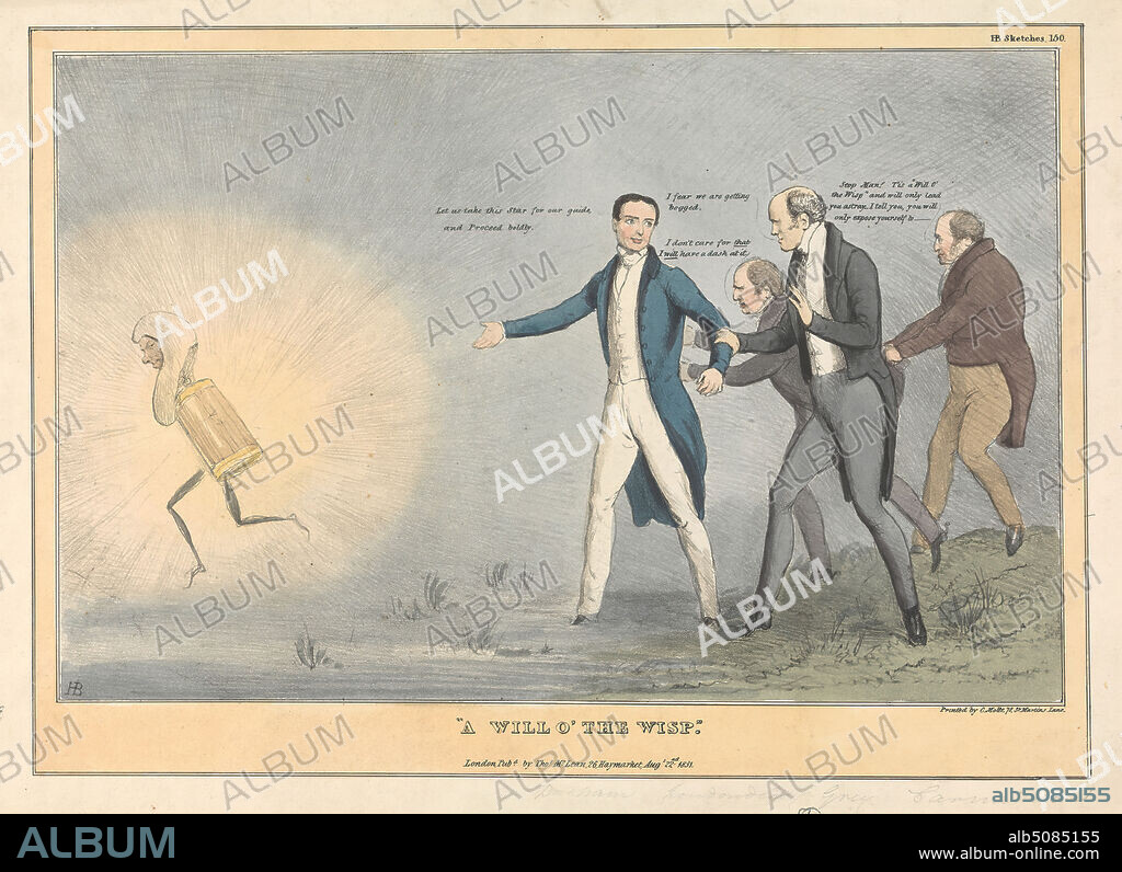 A Will O' The Wisp, Print made by John Doyle ('H.B.'), 17971868, Irish, Printed by Charles E. P. Motte, 17851836, French, Published by Thomas McLean, 17881875, British, 1831, Lithograph, hand-colored on moderately thick, smooth, beige wove paper, Sheet: 11 7/8 x 17 1/4 inches (30.1 x 43.8 cm) and Image: 8 7/8 x 13 11/16 inches (22.6 x 34.8 cm), bog, coats, illusion, lantern, men, parody, political, politicians, satire, sketches, star, wigs, will-o'-the-wisp.