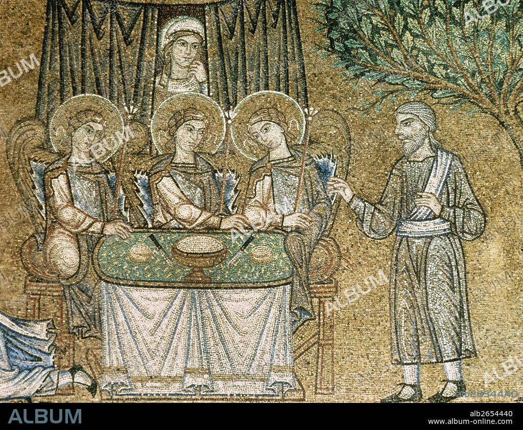 Three angels hosted by Abraham. Bible scene. Mosaic, 13th c. Atrium. St. Mark's Basilica. Venice. Italy.