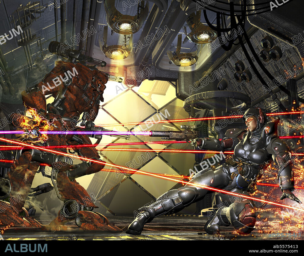 A female space marine fighting off a battle troop mech.