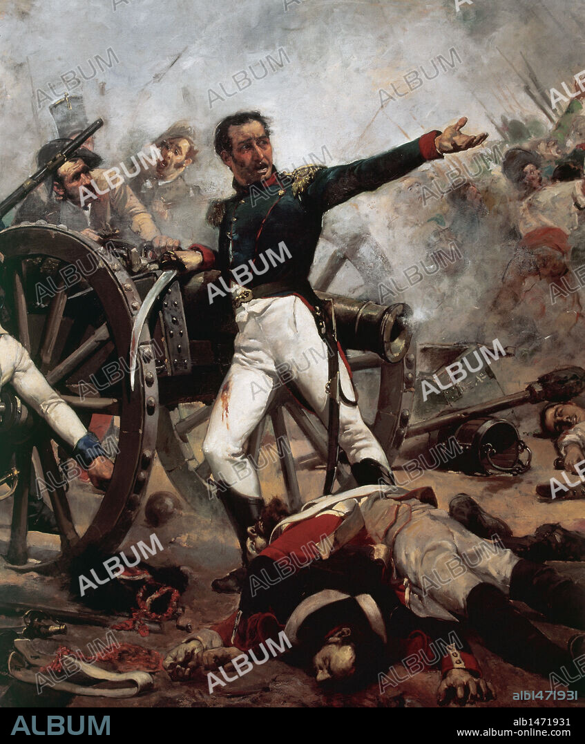 LUIS DAOIZ (1767-1808). Militar español. El 2 de mayo de 1808 luchó contra las tropas francesas y dirigió junto con Velarde, la insurrección popular. "DOS DE MAYO EN MADRID: DEFENSA DEL PARQUE DE MONTELEON". Óleo de Joaquín SOROLLA. Detalle. Museo Balaguer. Vilanova i la Geltrú. Provincia de Barcelona. Cataluña. España.