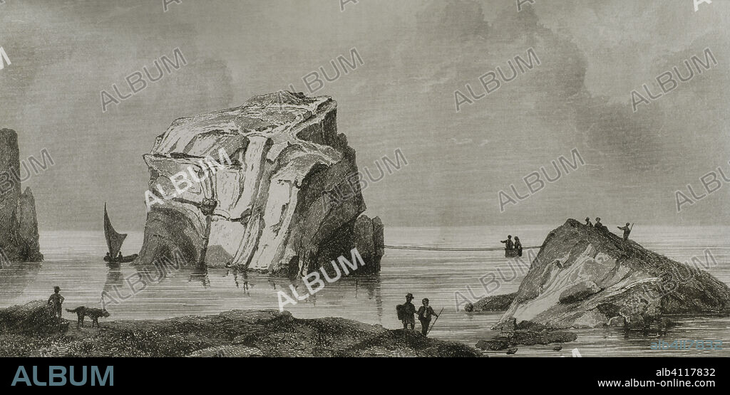 Malta. Dwejra, island of Gozo. Mushroom Rock (Fungus Rock). Engraving. Lemaitre direxit. History of Malta and Gozo, by Frédéric Lacroix. Panorama Universal, Spanish edition, printed in Barcelona, 1850.
