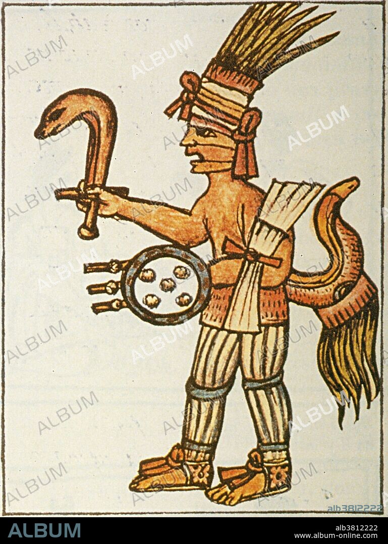 Huitzilopochtli with fire serpent, from the Florentine Codex. In Aztec religion, Huitzilopochtli was a god of war, sun, human sacrifice and the patron of the city of Tenochtitlan. He was also the national god of the Mexicas of Tenochtitlan. Huitzilopochtli was a tribal god and a legendary wizard of the Aztecs. Originally he was of little importance to the Nahuas, but after the rise of the Aztecs, Tlacaelel reformed their religion and put Huitzilopochtli at the same level as Quetzalcoatl, Tlaloc, and Tezcatlipoca, making him a solar god. The Florentine Codex is the common name given to a 16th century ethnographic research project in Mesoamerica by Franciscan friar Bernardino de SahagÃºn. Bernardino originally titled it: La Historia General de las Cosas de Nueva Espana (The General History of the Things of New Spain). Bernardino conducted research, organized evidence, wrote and edited his findings starting in 1545 up until his death in 1590. It consists of 2400 pages organized into twelve books with over 2000 illustrations drawn by native Aztec artists.