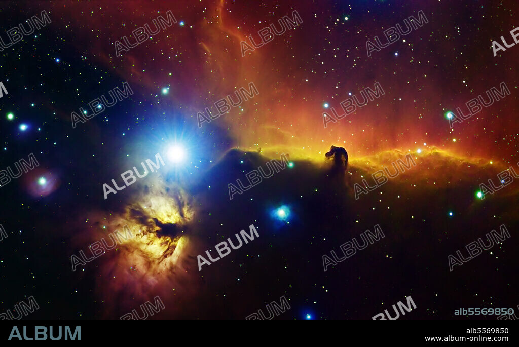 Alnitak region in Orion with Flame Nebula (NGC 2024), and Horsehead Nebula.