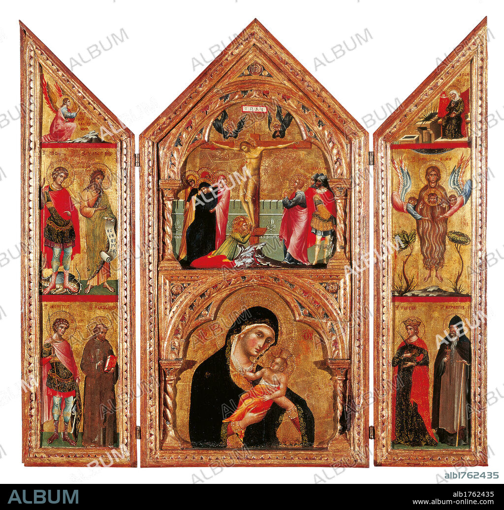 Movable Altarpiece (Triptych), by Paolo Veneziano, 1335 about, 14th Century, tempera and oil on panel, cm 74 x 74,5 x 4,5. Italy, Emilia Romagna, Parma, National Gallery. Detail. Decoration movable altarpiece wood doors triptych Crucifixion Christ apostles pious women gothic framing Madonna the Infant Jesus blue red gold Sts Michael John the Baptist George Francis of Assisi Ursula Anthony the Abbot Assumption Magdalene long hair angel Gabriel announcing Virgin Annunciation. Authorization required for non editorial use.
