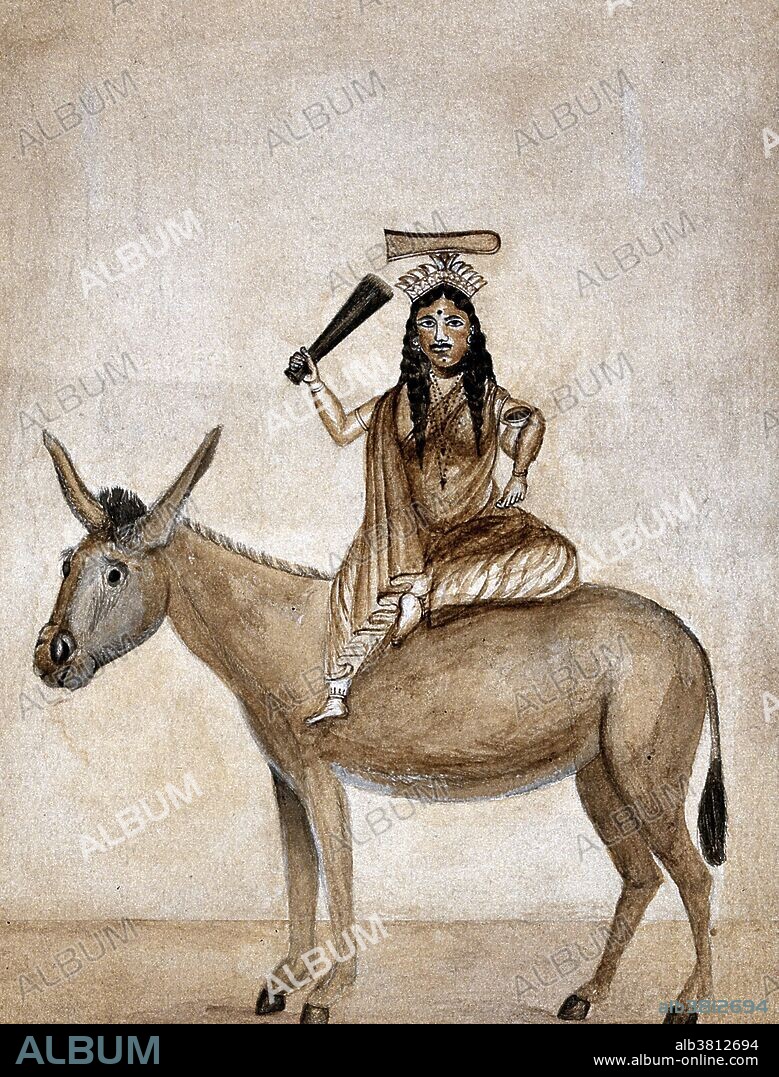 Shitala Mata, Indian goddess of smallpox. She is a Hindu goddess widely worshipped in North India, West Bengal, Nepal, Bangladesh and Pakistan as the pox-goddess. She is the Goddess of sores, ghouls, pustules and diseases in Hindu mythology. The worship of Shitala is conducted by both Brahmins and low caste pujaris. She is primarily worshipped in the dry seasons of winter and spring. She is represented as a young maiden crowned with a winnowing fan, riding an ass, holding a short broom (either to spread or dust off germs) and a pot full of pulses (the viruses) or cold water (a healing tool).