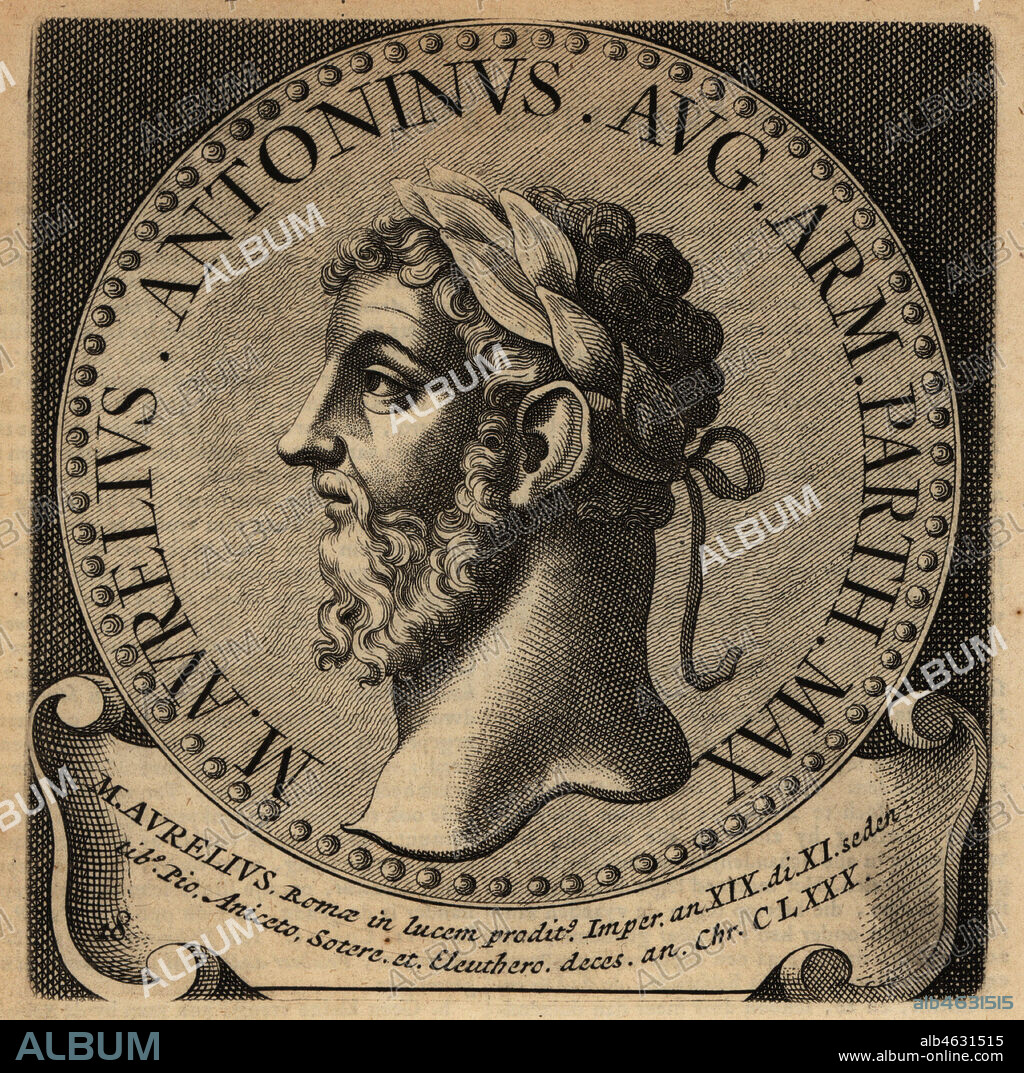 Roman Emperor Marcus Aurelius, 121AD-180AD. Marcus Aurelius Antoninus Augustus. Copperplate engraving from Abraham Bogaerts De Roomsche Monarchy, The Roman Monarchy, Francois Salma, Utrecht, 1697.