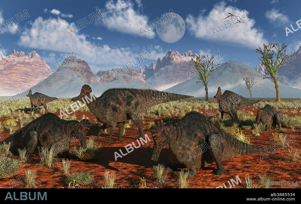 A herd of duckbilled Corythosaurus dinosaurs from the Cretaceous Period.