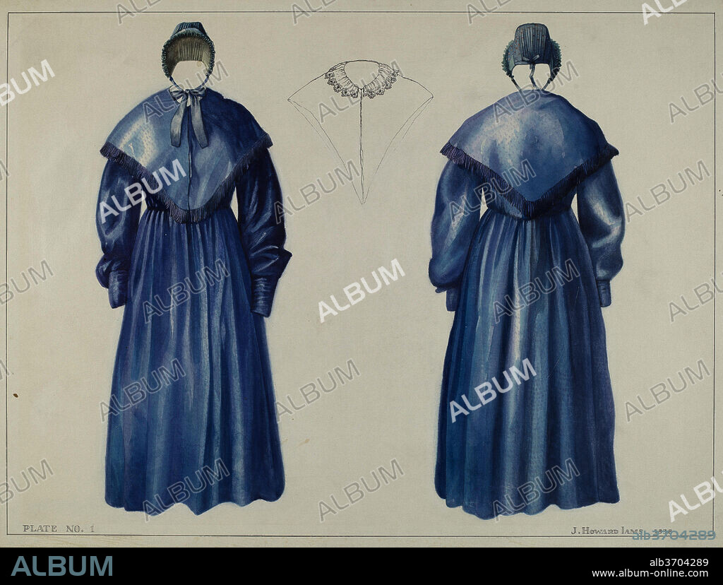 J. HOWARD IAMS. Dress. Dated: 1938. Dimensions: overall: 38.2 x 50.8 cm (15 1/16 x 20 in.)  Original IAD Object: 54" long; sleeves: 26 1/2" long; waist: 30"; cape: 12 1/2" long. Medium: watercolor, pen and ink, and graphite on paperboard.