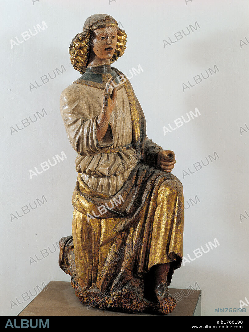 The Annunciation Virgin Mary Annunciate The Angel of Annunciation), by Sculptor of the Southern Marche, 15th Century, 1480-1490, wood carved painted and gilded, cm 107 x 57. Italy, Marche, Pesaro Urbino, Urbino, National Gallery of the Marche. This delightful Annunciation is a good example of the quality of the sculpture produced in the Marches in the Late Gothic period. This sculpture comes from the parish church of Rotella, a small town near Ascoli Piceno. Authorization required for non editorial use.
