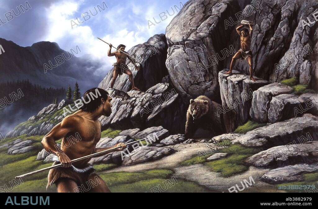 Neanderthals hunt a cave bear.