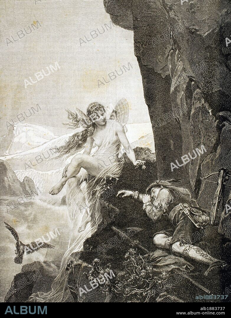 ESPIRITUS DE LA NATURALEZA. "El HADA DE LA MONTAÑA". Grabado del "Universo Ilustrado". Año 1880.