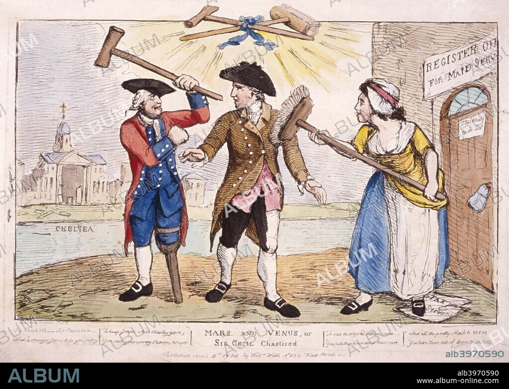 'Mars and Venus, or Sir Cecil chastised', 1784. Sir Cecil Wray stands between a Chelsea Pensioner and a servant-maid. One of many satires on Wray's unpopular election proposals to abolish Chelsea Hospital and tax employers of maid-servants.