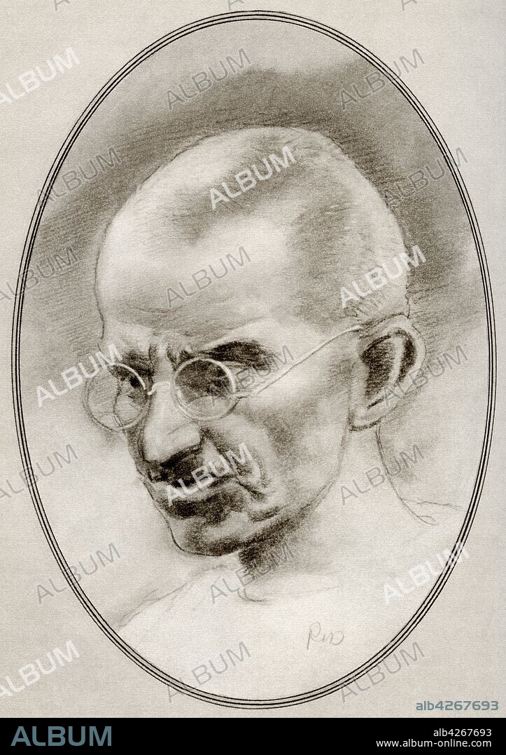 Mohandas Karamchand Gandhi,  1869 – 1948  Indian activist,  the leader of the Indian independence movement against British rule Illustration by Gordon Ross,  American artist and illustrator 1873-1946,  from Living Biographies of Religious Leaders.