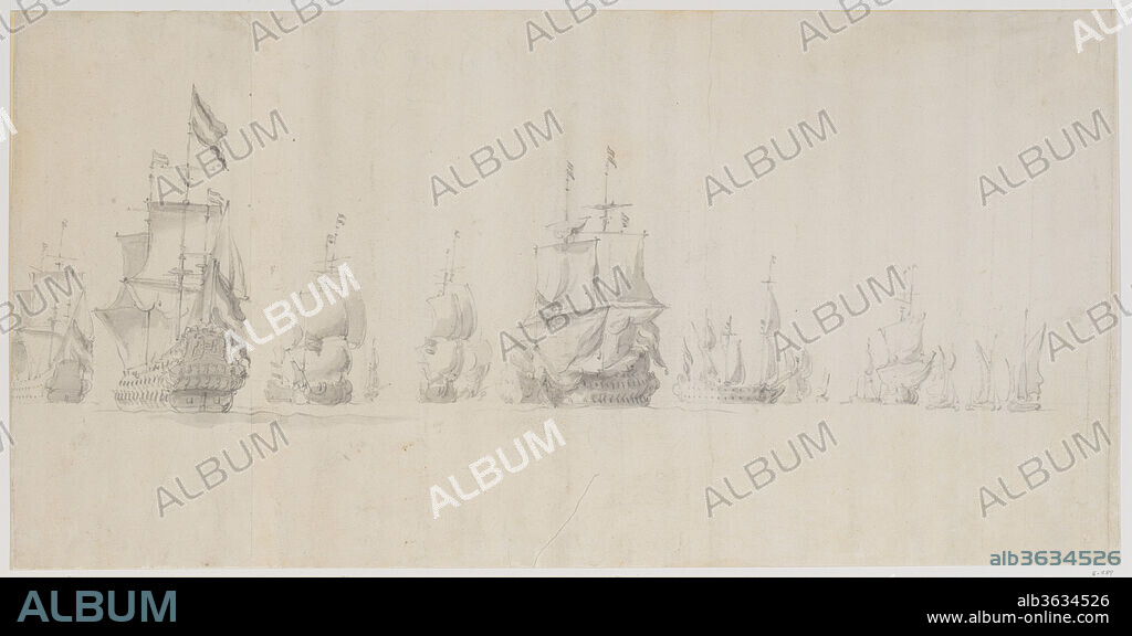 A Dutch Fleet Under Sail at Sea in a Light Breeze. Artist: Willem van de Velde I (Dutch, Leiden 1611-1693 London). Dimensions: 10 9/16 x 21 in.  (26.8 x 53.3 cm). Date: 1665.
Willem van de Velde was one of the first marine artists to sail with the Dutch fleet and rely not on written or oral observation for his paintings of naval engagements but on the sketches he drew from life.  He could match any shipbuilder in his knowledge of ships, their rigging and habits.  This drawing may have been sketched on the spot while the artist was sailing with the Dutch fleet before the Battle of Lowestoft (Second Anglo-Dutch War) in June 1665.  The washes would have been added later in the studio.