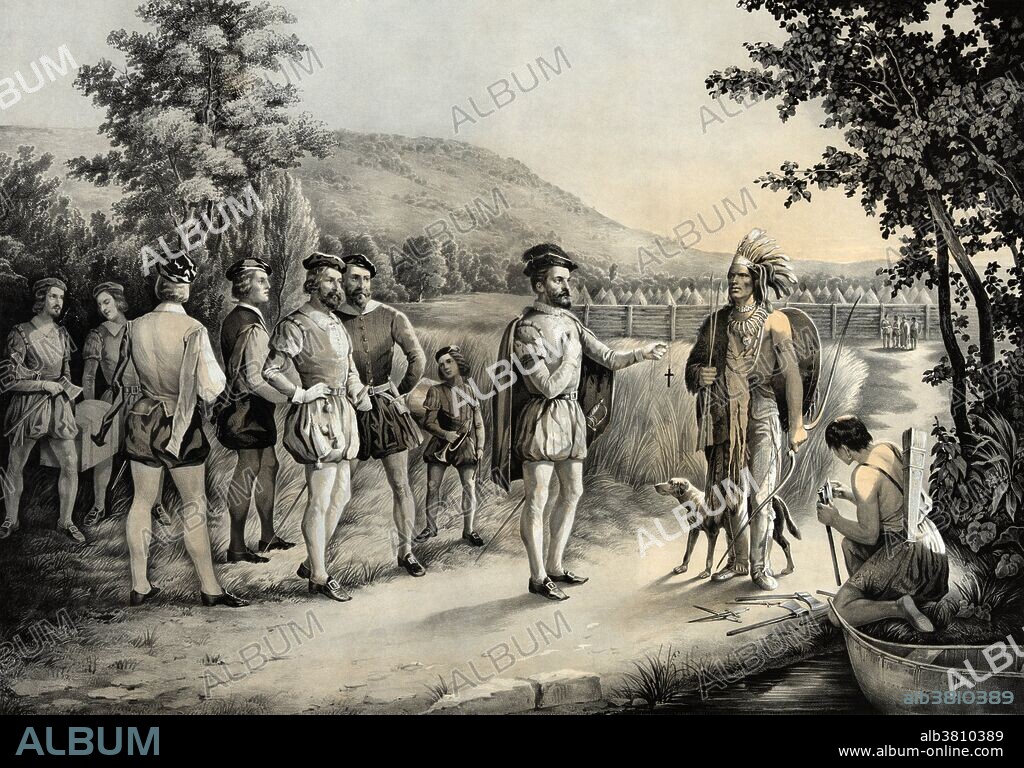 Print entitled: "Cartier, his first interview with the Indians at Hochelaga, now Montreal, in 1535." Jacques Cartier (December 31, 1491 - September 1, 1557) was a French explorer who claimed Canada for France. He located the entrance to the St. Lawrence on his first voyage, which opened up the greatest waterway for the European penetration of North America. He produced an intelligent estimate of the resources of Canada, both natural and human, with considerable exaggeration of its mineral wealth. While some of his actions toward the St. Lawrence Iroquoians were dishonourable, he did try at times to establish friendship with them and other native peoples living along the St. Lawrence River - an indispensable preliminary to French settlement in their lands. He made three voyages of exploration in dangerous and hitherto unknown waters without losing a ship, entering and departing some 50 undiscovered harbors without serious mishap, Cartier is considered one of the most conscientious explorers of the period. He died in 1557, at the age of 65,during an epidemic, possibly of typhus.