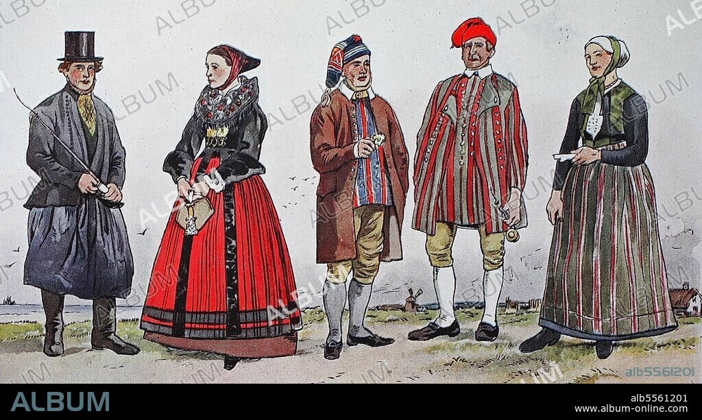 Mode, Kleidung in Dänemark, Volkstrachten in der modernen Geschichte, von links, Mann und Frau von der Insel Amager bei Kopenhagen, Mann von der Insel Lyoe, zwischen Fünen und Alsen, Hofbesitzer von Hedebo und Frau von der Insel Fünen, digital verbesserte Reproduktion einer Illustration aus dem 19. Jahrhundert.