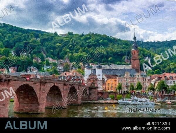 A digital oil painting of the historic old town of Heidelberg.