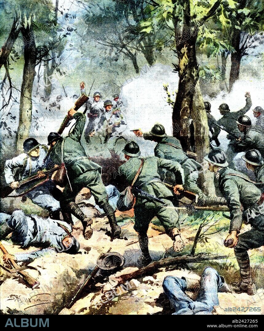 First World War 1918-France in the war. The 4th Italian Artillery Regiment fighting the Battle of Reims France. The value of the Italian in France. The successful counterattack of our troops in the valley of the river Ardre. Illustration by Achille Beltrame from La Domenica del Corriere, 1918.