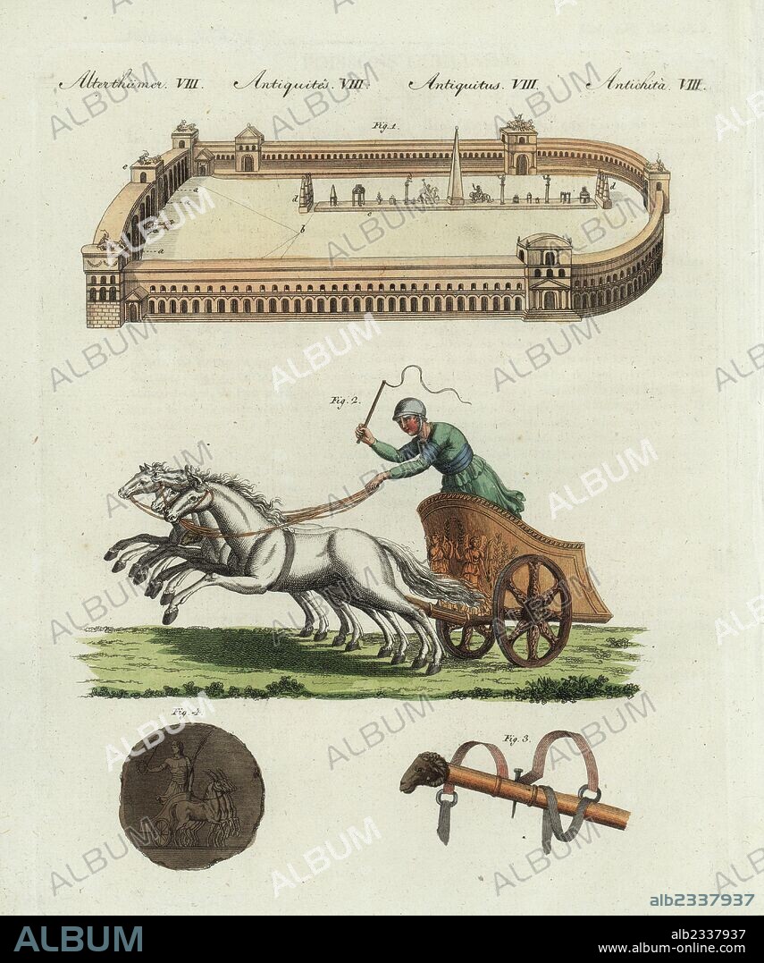 Ancient Roman Circus or games arena 1, four-horse chariot or quadriga 2, chariot yoke with ram's head 3, and bronze medal to honour the victor 4. Handcoloured copperplate engraving from Friedrich Johann Bertuch's Bilderbuch fur Kinder (Picture Book for Children), Weimar, 1802.