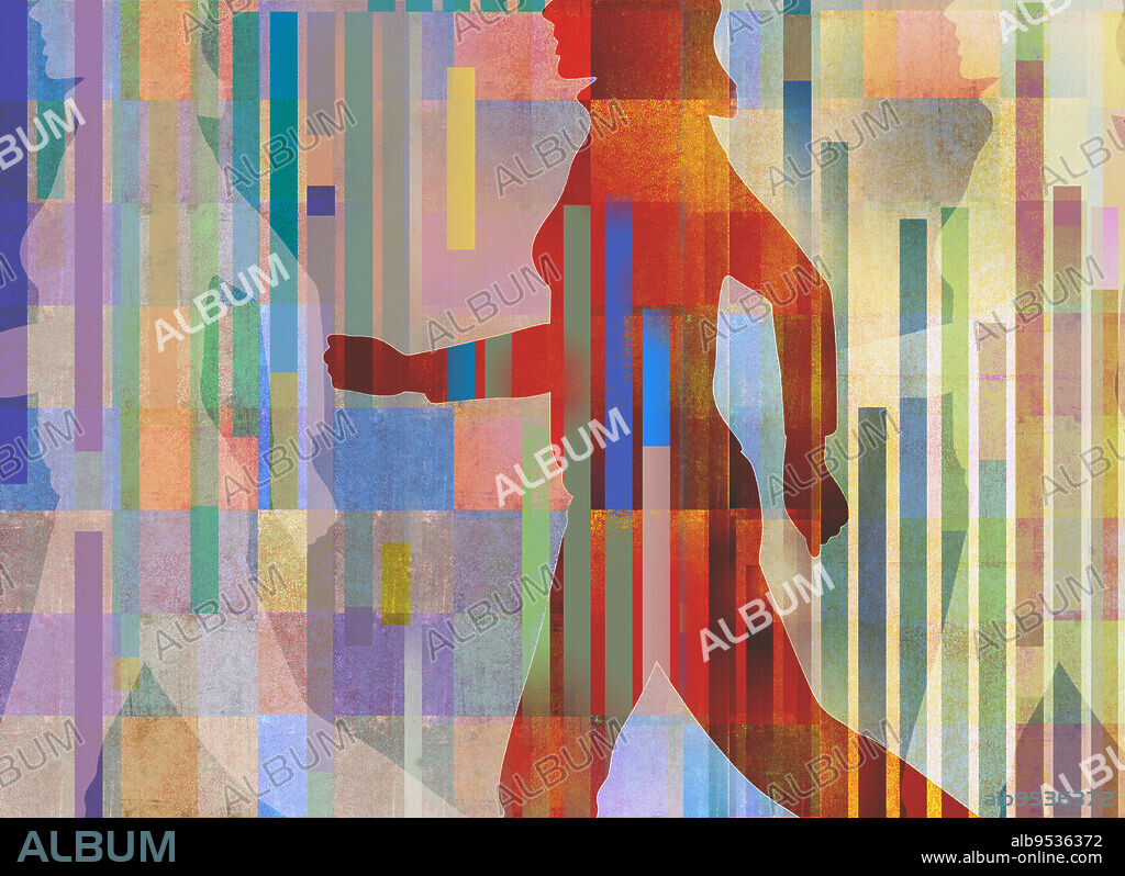 Abstract colourful stripes over sequence of woman striding forwards .