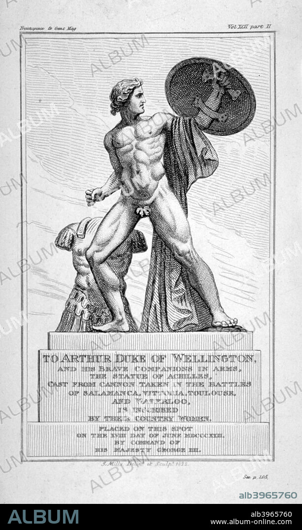 View of the statue of Achilles, Hyde Park, London, 1822. The statue, by Richard Westmacott, was erected in the park in 1822 in honour of the Duke of Wellington.