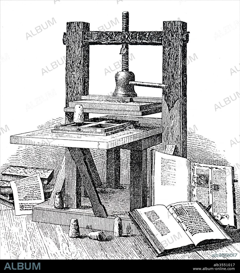 Engraving depicting Johannes Gutenberg's printer. Johannes Gutenberg (1400-1468) a German blacksmith, goldsmith, printer, and publisher who introduced printing to Europe. Dated 19th century.