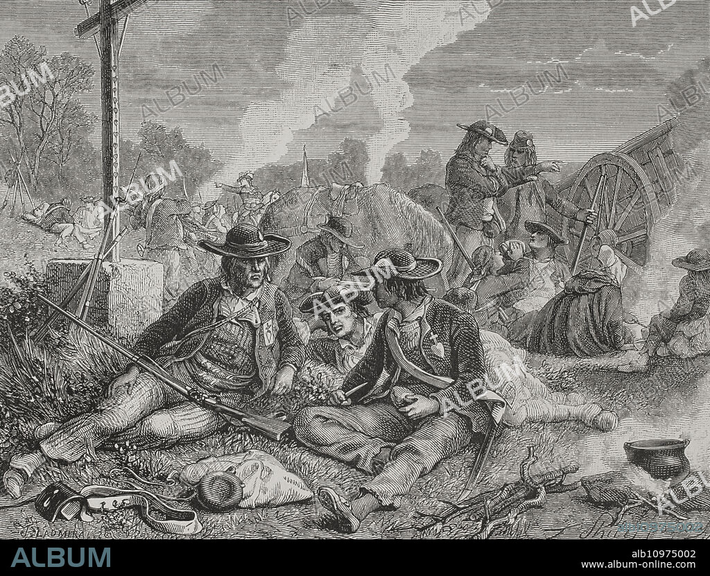 War in the Vendée (1793-1796). Civil confrontation between supporters of the French Revolution and counter-revolutionaries. Vendéen insurrectionists. Drawing by Philippoteaux. Engraving. "History of the French Revolution". Volume I, 1876.
