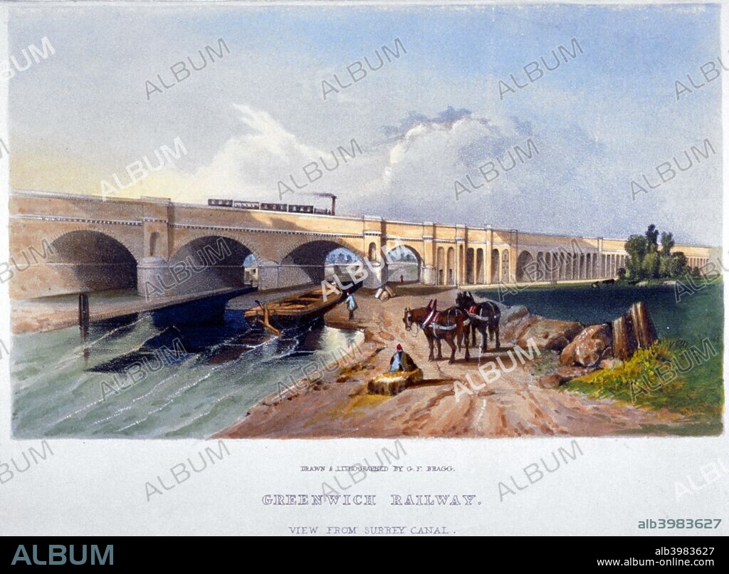 Greenwich Railway, Deptford, London, 1836. View from the Surrey Canal showing the towpath, barges and horses and a steam train on the viaduct.