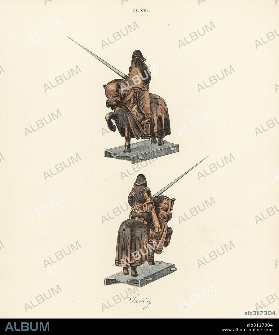Jousting toys: knights on horseback with helmet, shield and lance, 14th century. Handcoloured lithograph by Joseph Strutt from his own Sports and Pastimes of the People of England, Chatto and Windus, London, 1876.