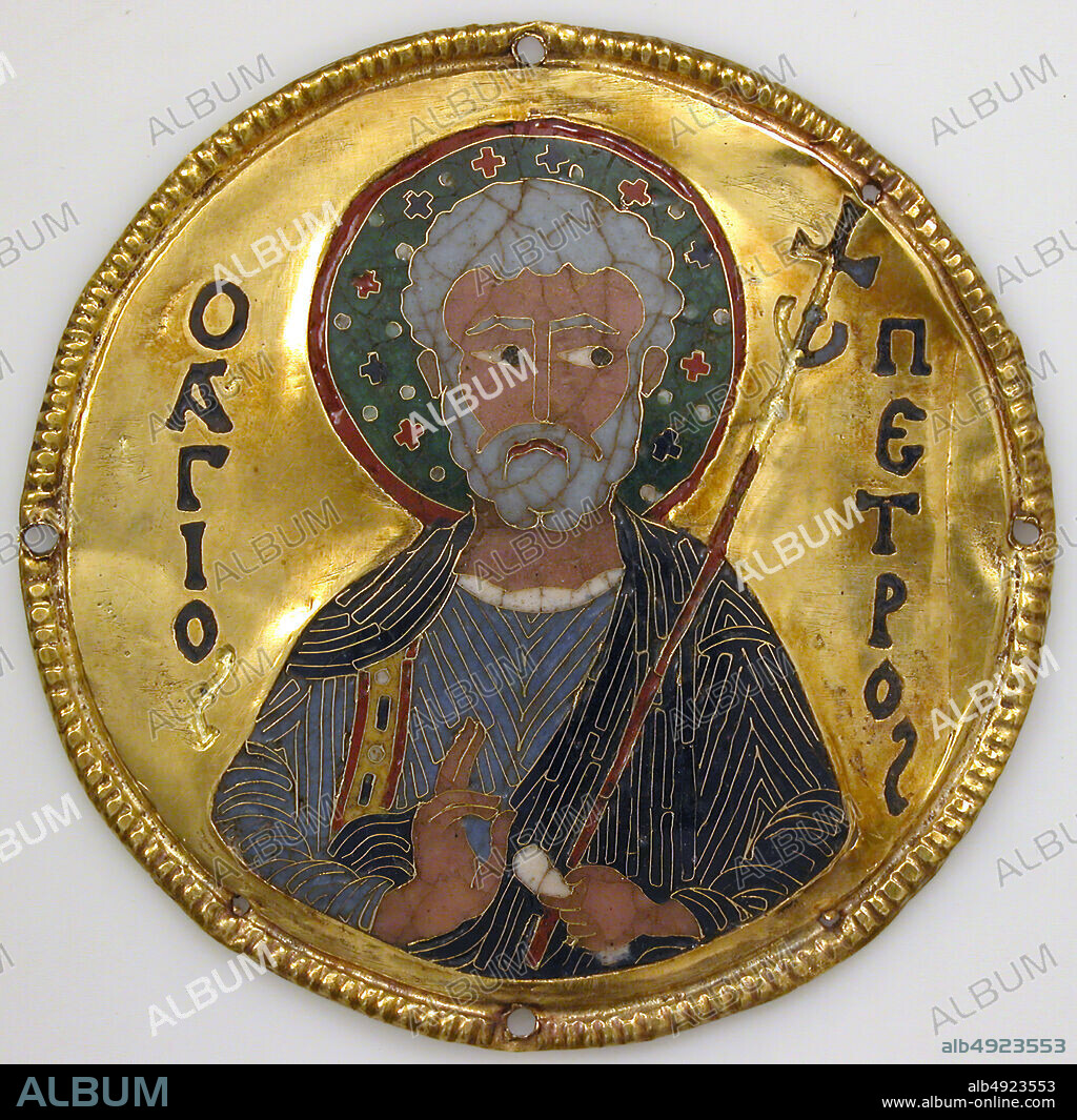 Medallion with Saint Peter from an Icon Frame, Byzantine, ca. 1100, Made in Constantinople, Byzantine, Gold, silver, and enamel worked in cloisonné, Diam: 3 1/4in. (8.3cm), Mount: 20 1/2 x 15 x 7/8 in. (52.1 x 38.1 x 2.2 cm), Enamels-Cloisonné.