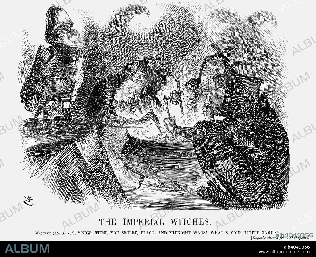 'The Imperial Witches', 1872. Mr Punch plays Macbeth to the three witches who represent the Emperors of Germany, Austria and Russia.  This cartoon relates to a conference that took place in Berlin on 7th September 1872. The conference was celebrated with military display and other festivities. The question that Punch is asking is what lay behind this meeting. From Punch, or the London Charivari, September 7, 1872.