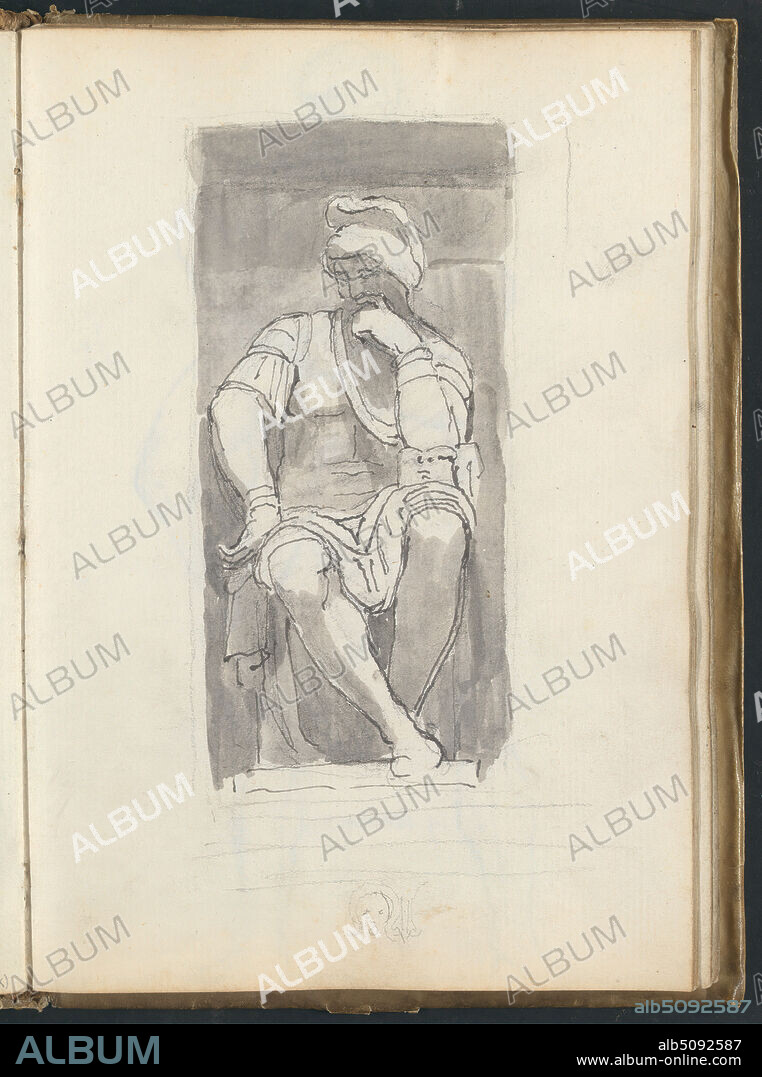 Lorenzo de' Medici by Michelangelo, from the Tomb of Lorenzo de' Medici, Church of San Lorenzo, Florence, John Flaxman, 17551826, British, 1787, Graphite, pen and black ink, and gray wash on medium, slightly textured, cream laid paper bound in vellum, Sheet: 8 5/8 x 6 inches (21.9 x 15.2 cm) and Spine: 9 inches (22.9 cm).