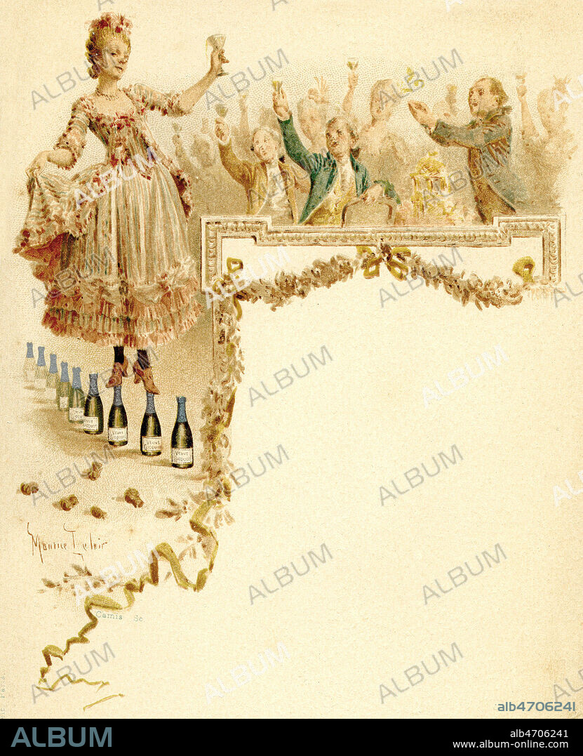 Femme marchant sur des bouteilles de champagne. Illustration par LELOIR pour un menu vers 1900. Credit : Collection IM/KHARBINE-TAPABOR.