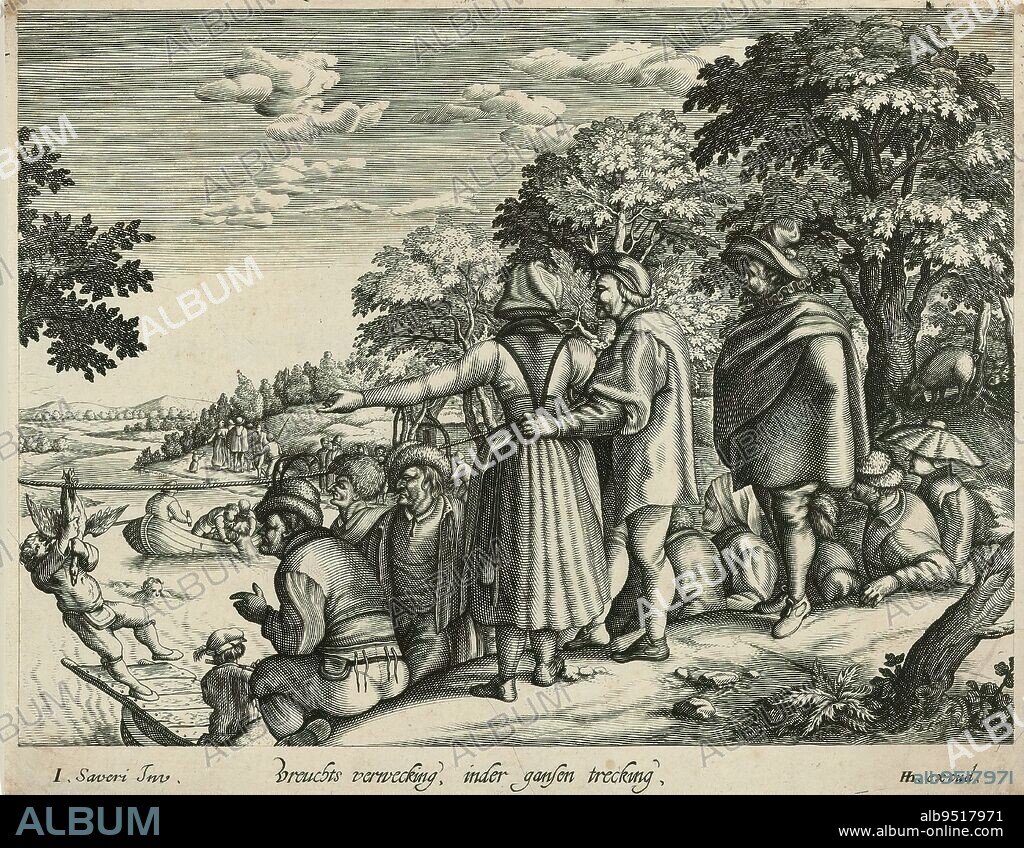 Goose pulling, Vreuchts verwecking, inder gansen trecking (title on object), In the foreground a group of men and women standing watching a boy 'pulling' a goose: a rope has been stretched across the water, from which a goose hangs. A boy in a boat is pulling it down. To the right, a group of trees., print maker: Andries Jacobsz. Stock, after design by: Jacob Savery (I), (mentioned on object), publisher: Hendrick Hondius, (mentioned on object), The Hague, 1614 - 1648, paper, engraving, height 180 mm × width 228 mm.
