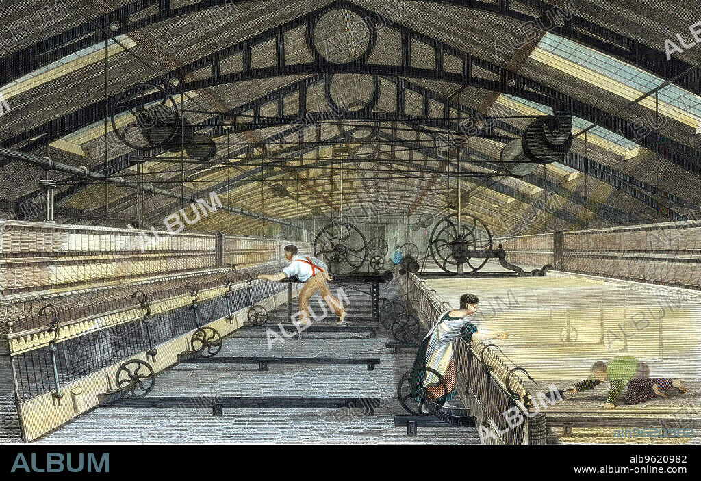 Cotton manufacture: mule spinning, c1830. A self-acting mule of the type devised by Richard Roberts in 1825. Roberts' spinning mule produced better yarn than any other machine and kept its place in the textile industry right up to the 1950s.The roof of the building is supported by iron trusses. Note the boy on the right employed to crawl under the threads and sweep up.
