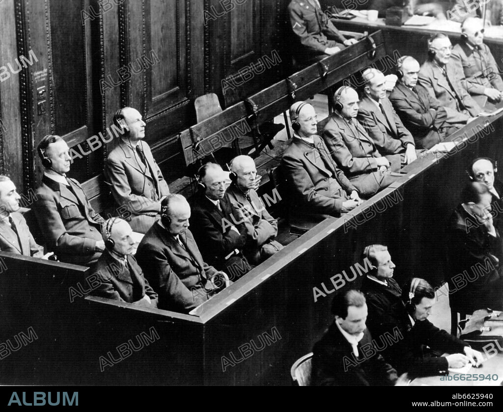 The commanders of the Wehrmacht in the dock during the trial on 12 February 1948 (l-r): Wilhelm von Leeb, Hugo Sperrle, Georg von Küchler, Hermann Hoth, Hans Reinhardt, Hans von Salmuth, Karl Hollith, Otto Schniewind, Karl von Roques, and Hermann Reinecke. In the second row (l-r): Walter Warlimont, Otto Woehler, and Rudolf Lehmann. 12/02/1948