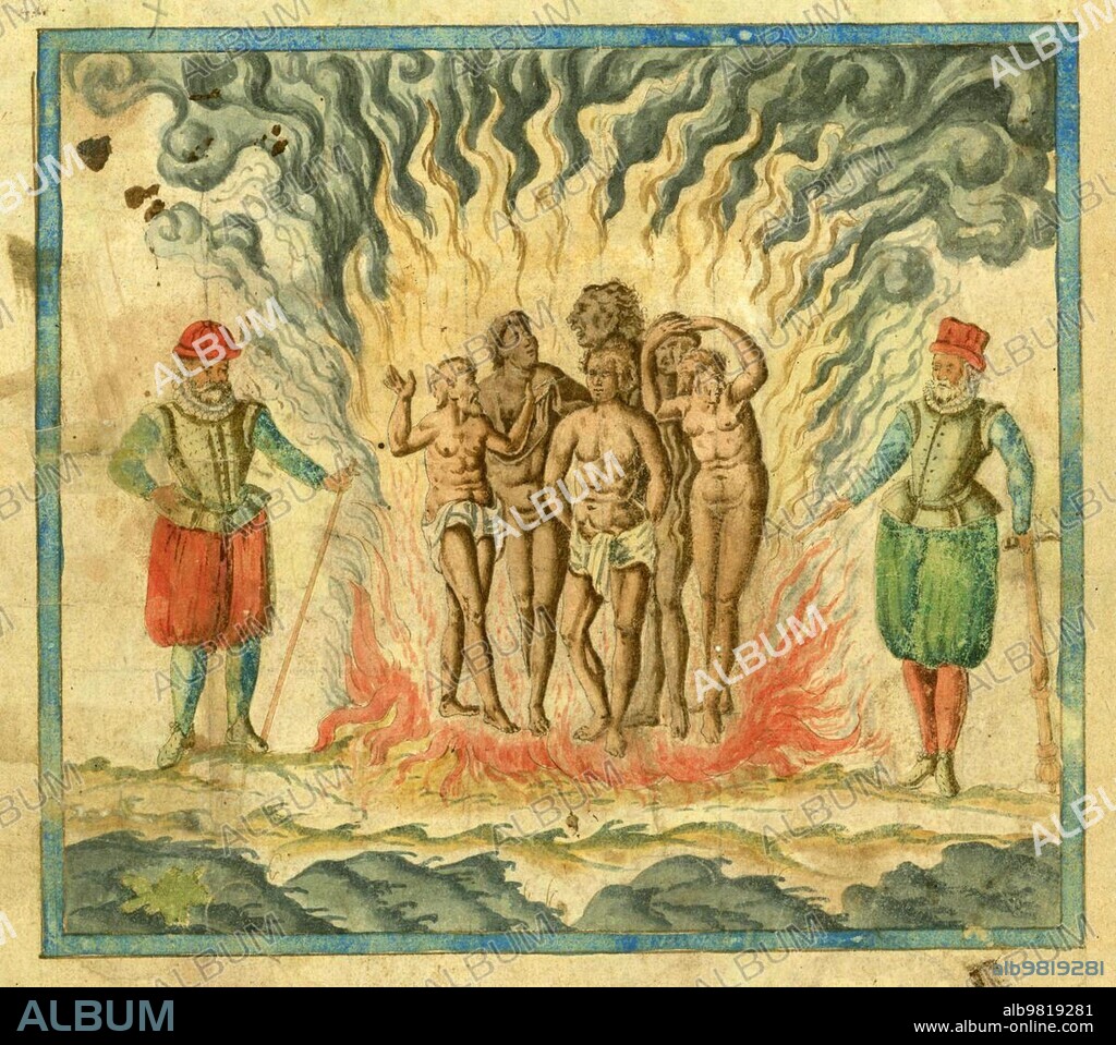 Torture, Spaniards, Spanish Conquistadors, Burning the Native Americans, c. 1550, Historical, digitally restored reproduction from a 19th century original