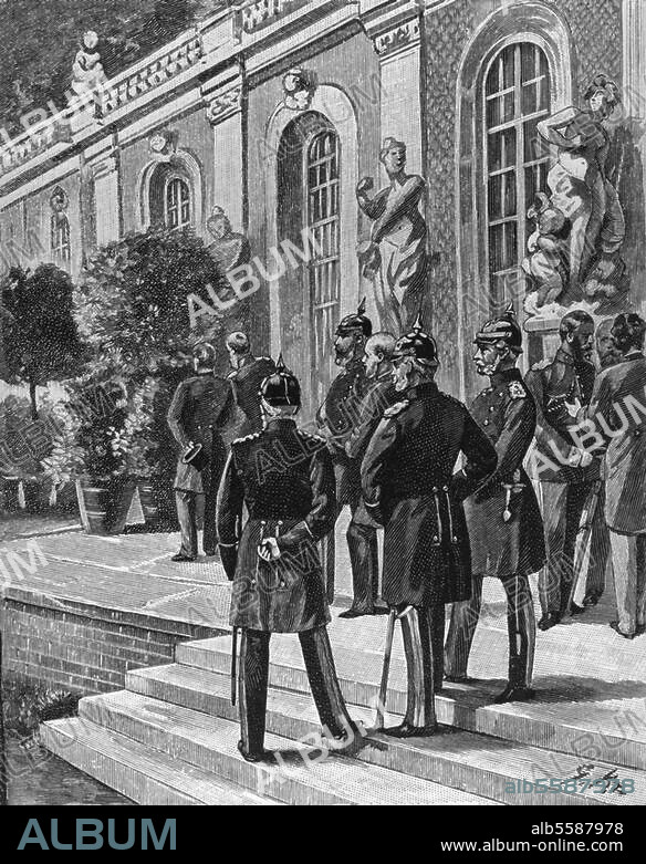 Friedrich III., deutscher Kaiser, 1831-1888. Tod Kaiser Friedrichs am 15. Juni 1888 in Schloß Friedrichskron (Neues Palais) in Potsdam:. Vor dem Sterbezimmer Kaiser Friedrichs am Vormittag des 15. Juni 1888. Zeitgenössischer Holzstich.