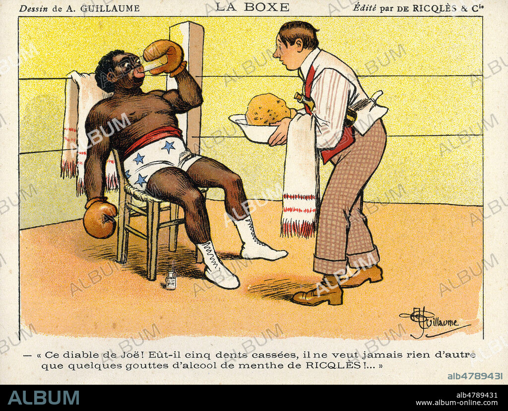 ALBERT GUILLAUME. 'La boxe. Ce diable de Joe ! Eut-il cinq dents cassees, il ne veut jamais rien d'autre que quelques gouttes d'alool de menthe de Ricqles'. Chromo publicitaire RICQLES vers 1910, serie sur les proverbes. Illustration par A. GUILLAUME (1873-1942). Credit : Collection IM/KHARBINE-TAPABOR.