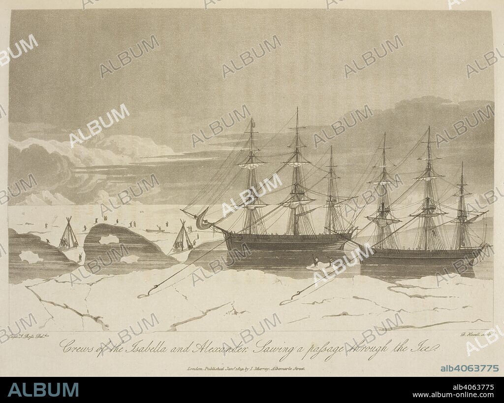 JOHN ROSS. Crews of the Isabella and Alexander, sawing a passage through the ice. Voyage of Discovery, made under the orders of the Admiralty, in his Majesty's ships Isabella and Alexander for the purpose of exploring Baffin's Bay, and enquiring into the possibility of a North-West Passage. London : cxlix. J. Murray, 1819. Source: G.7399 plate opposite page 62.