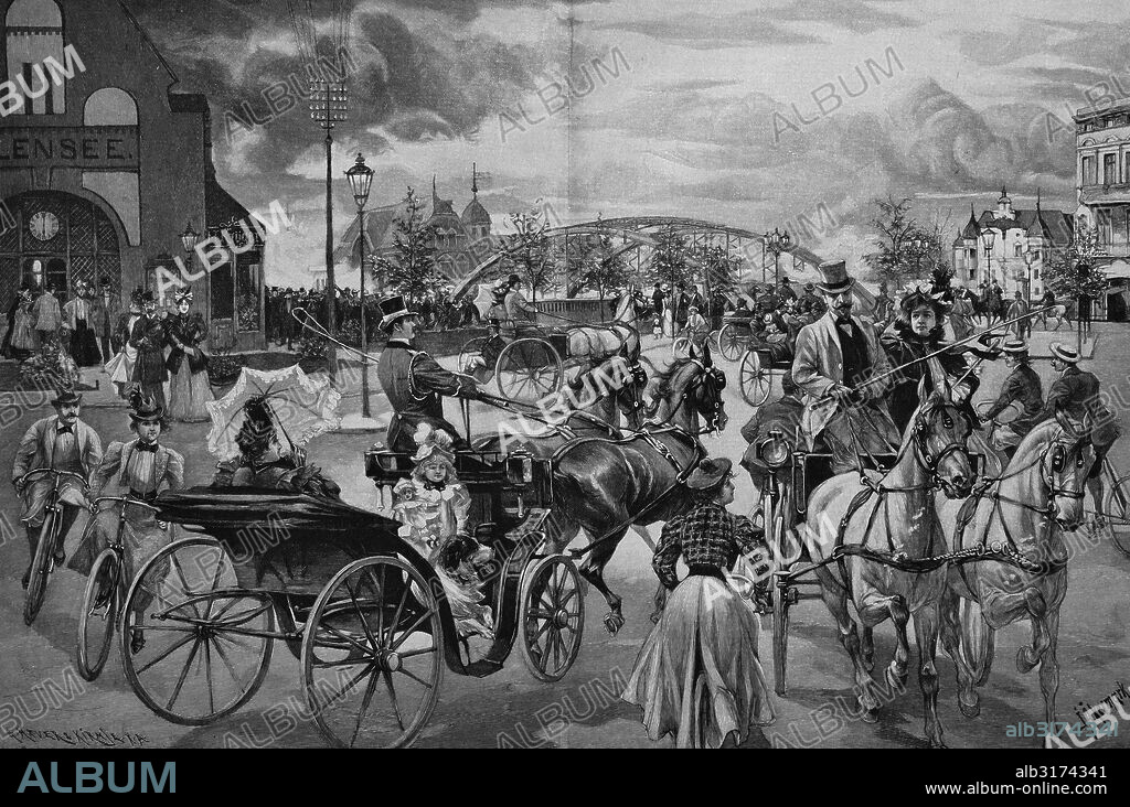 Street scene, sunday afternoon in front of the station, kalensee, berlin, germany, woodcut, 1888, europe.