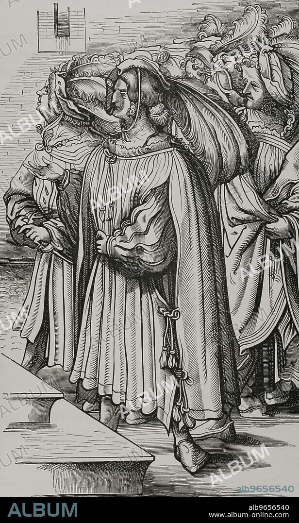 Los archiduques y altos barones de Alemania asistiendo, vestidos con traje ceremonial completo, a la coronación del emperador Maximiliano el 4 de febrero de 1508. Grabado. "Les Arts au Moyen Age et a l'Epoque de la Renaissance", por Paul Lacroix. París, 1877.