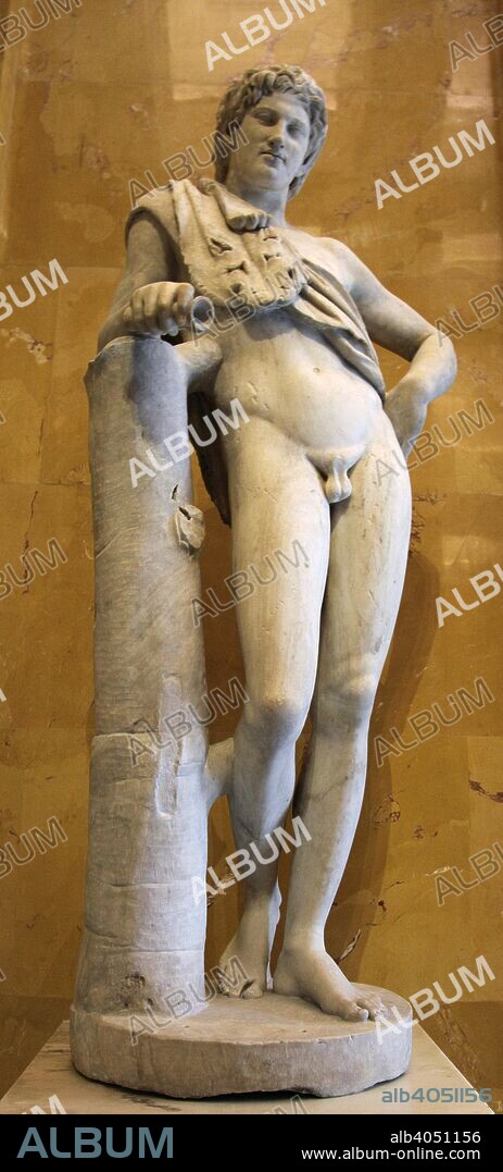 Statue of a resting satyr. Roman work after the original of the first half of the 4th century BC by Praxiteles. According to Greek Mythology, satyrs were woodland deities who were companions of the Gods Dionysus and Pan. Found in the collection of The Hermitage, St Petersburg.