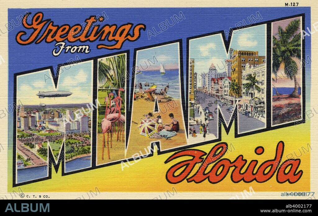 'Greetings from Miami, Florida', postcard, 1934. Vintage linen large letter card of Miami, Florida, showing views of the city in each letter.